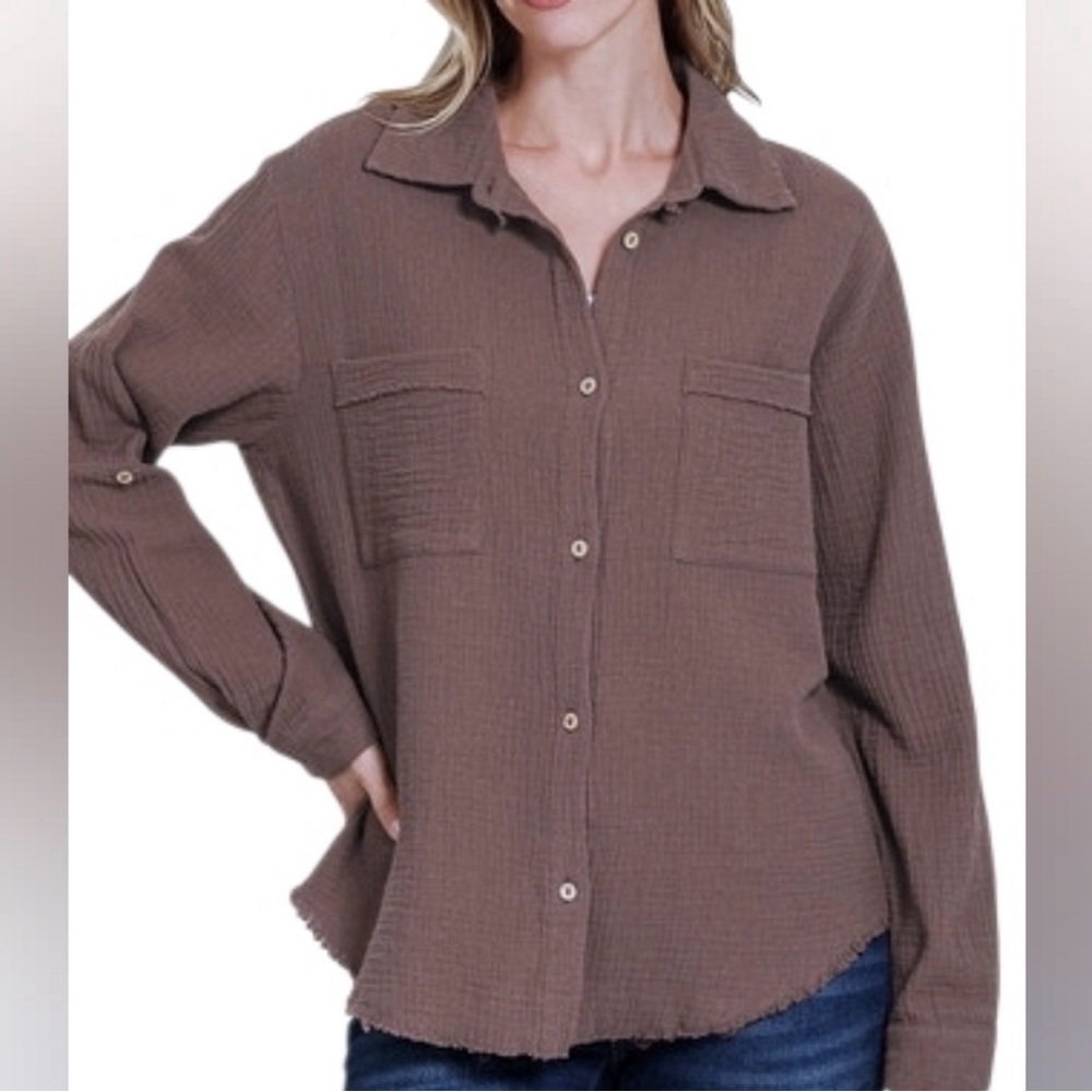 Zenana Outfitters Relaxed Button-Front Shirt in Cocoa Brown